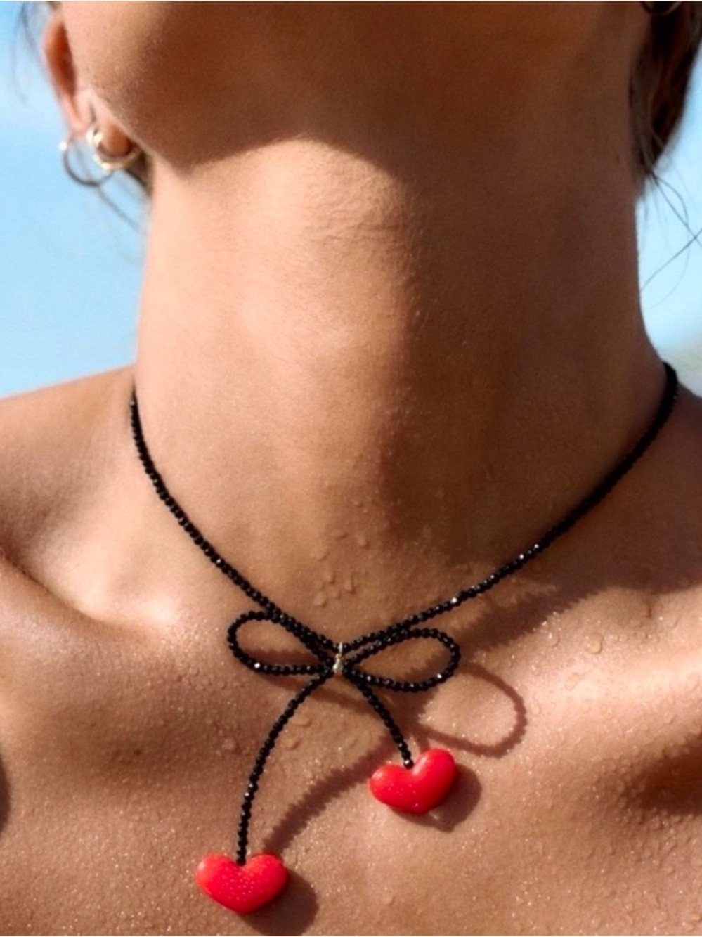 Zara Black Necklace with Red Heart Charms